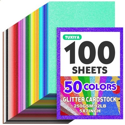 100 Sheets 5'' X 7'' Glitter Cardstock,50 5X7in 100p, 50 Assorted Colors 