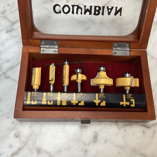 Columbian 6-Piece Router Bit Set with Wood Case - Straight, Flush Trim, Cove