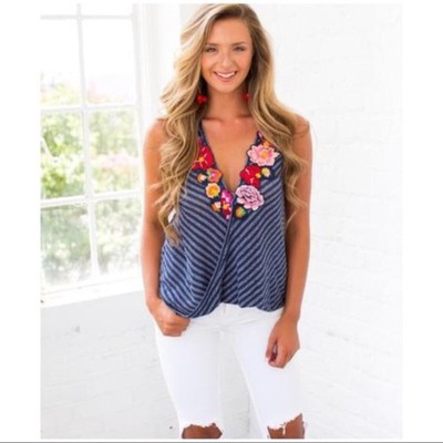 Free People Womens Frida Floral Embroidered Faux Wrap Tank Top Size M Boho Blue