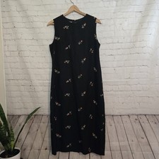 Talbots Linen Dress 16 Maxi  Black Floral Embroidered Whimsical Romantic Cottage