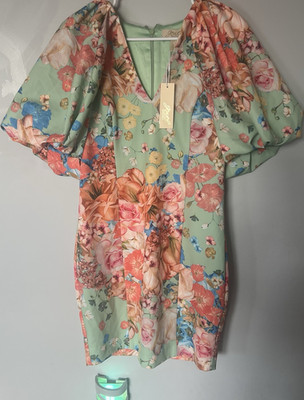 Sheike Multicolor Floral Puff Short Sleeve V-Neck Mini Dress