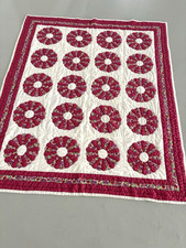 Antique Dresden Plate Quilt Pattern Hand Stitched 70" x 84" Hot Pink/white