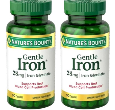 2 Pack Nature's Bounty Gentle Iron Glycinate 28mg 90 Ct Capsules