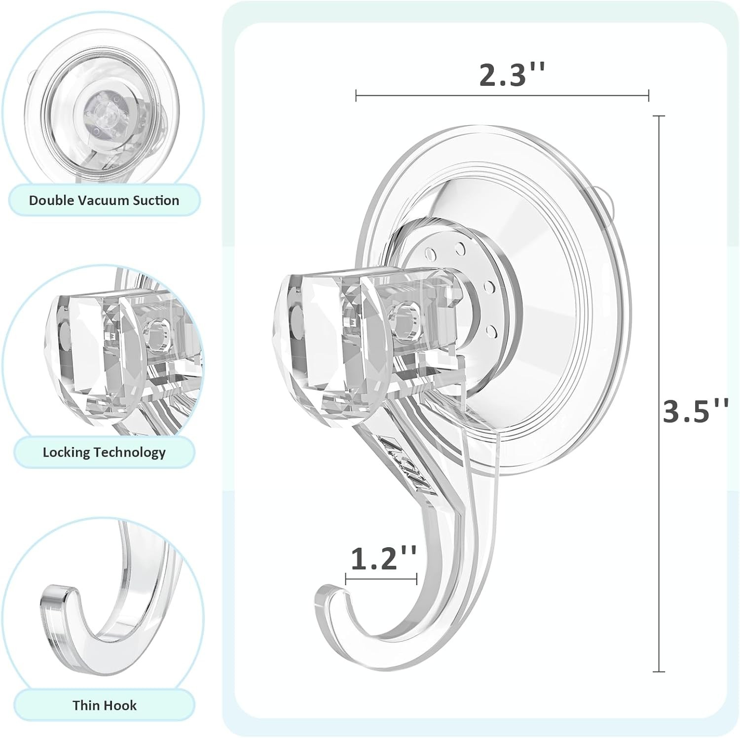 Polished Clear Suction Hooks, 2 Pcs - Strong Suction for Home Organization