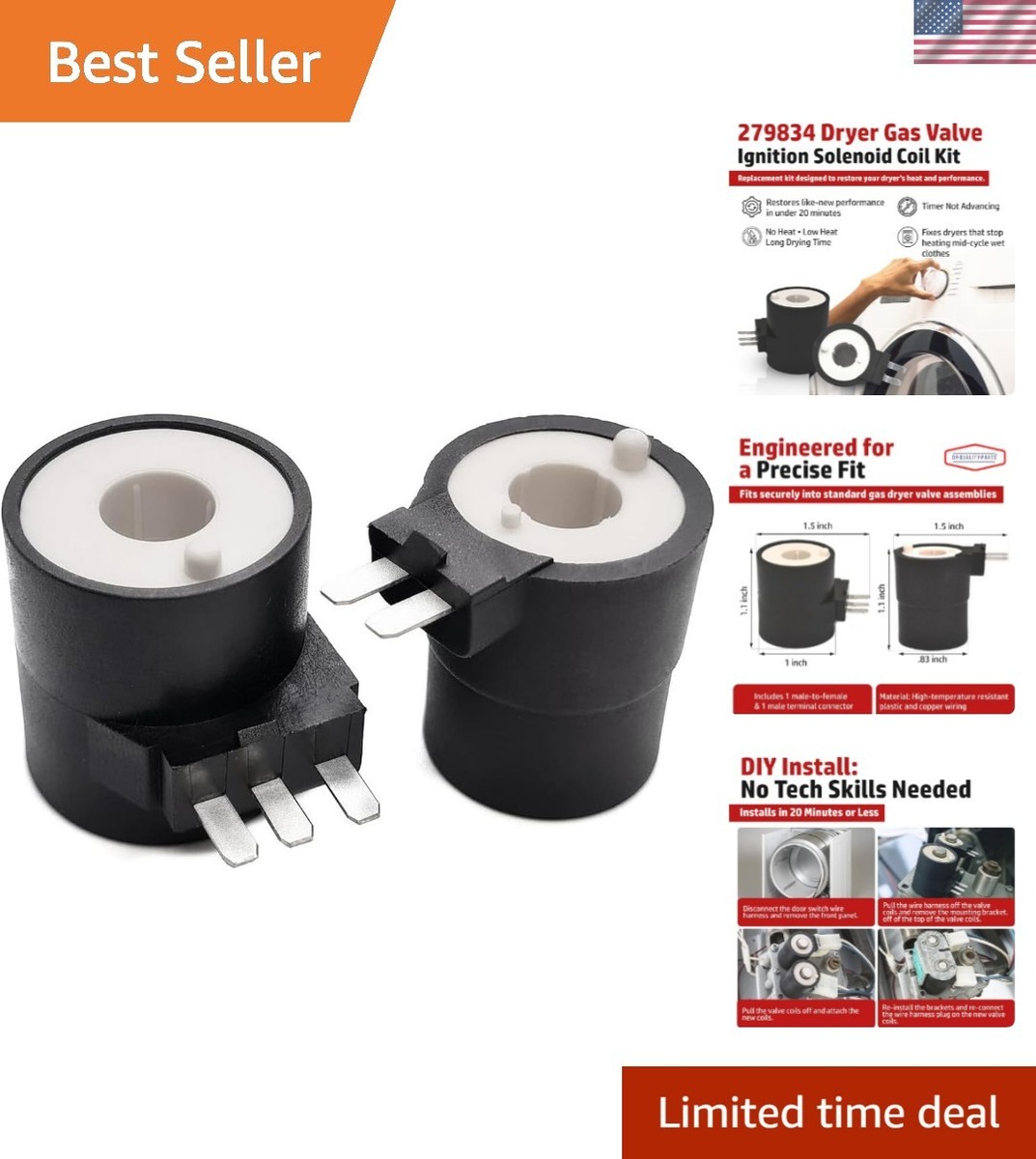 279834 Dryer Gas Valve Ignition Solenoid Coil Kit — Fits Whirlpool