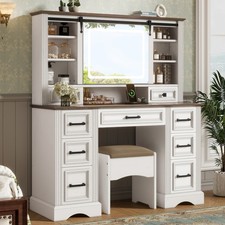 47.2 in Farmhouse Makeup Vanity Desk with Sliding Mirror Large Vanity Set