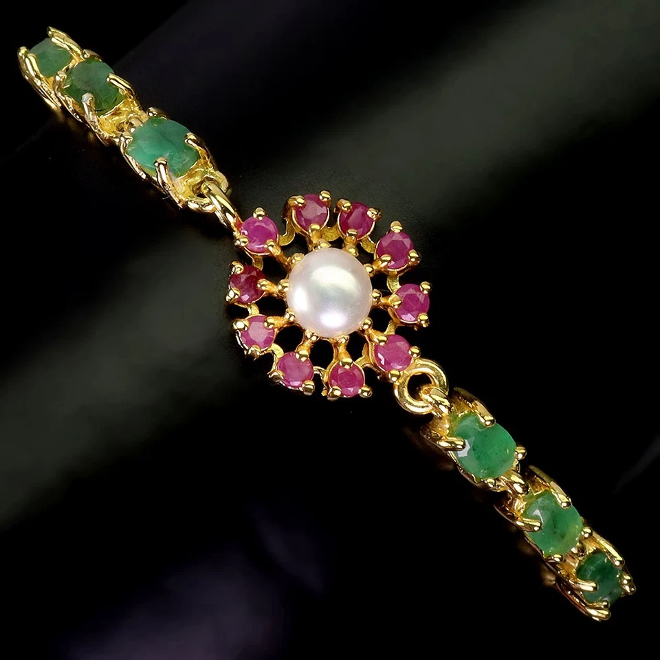 925 Sterling Silver Bracelet Oval Emerald 6x4mm Ruby Pearl Gemstone Jewelry 7.5 - Image 2 of 4