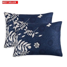 Soft Floral Pattern Pillow Covers - Set of 2 in Navy Blue Gray, Machine Washable