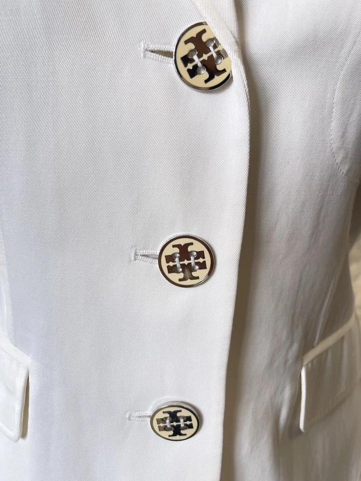 Tory Burch Blazer Women 4 Cotton Flap Pockets Silver Logo Buttons White - Image 3 of 4