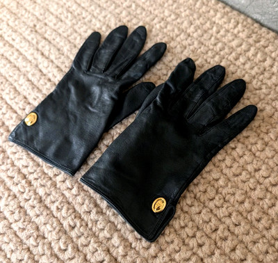 Vintage Christian Dior Black Leather Gloves with Gold ''CD'' Medallions