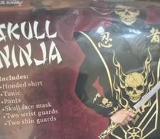Fun World Ninja Costume Boys L 10/12 Hooded Mask Wrist Shin Guards Black Gold