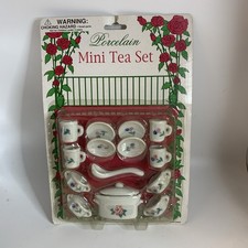 Vintage 1980s Mini Porcelain Tea Set 14 Piece Blue and White Floral Sealed Mint