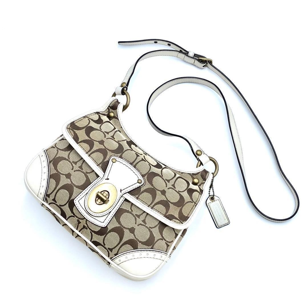 COACH Turnlock Signature Shoulder Bag Canvas Leather Beige 