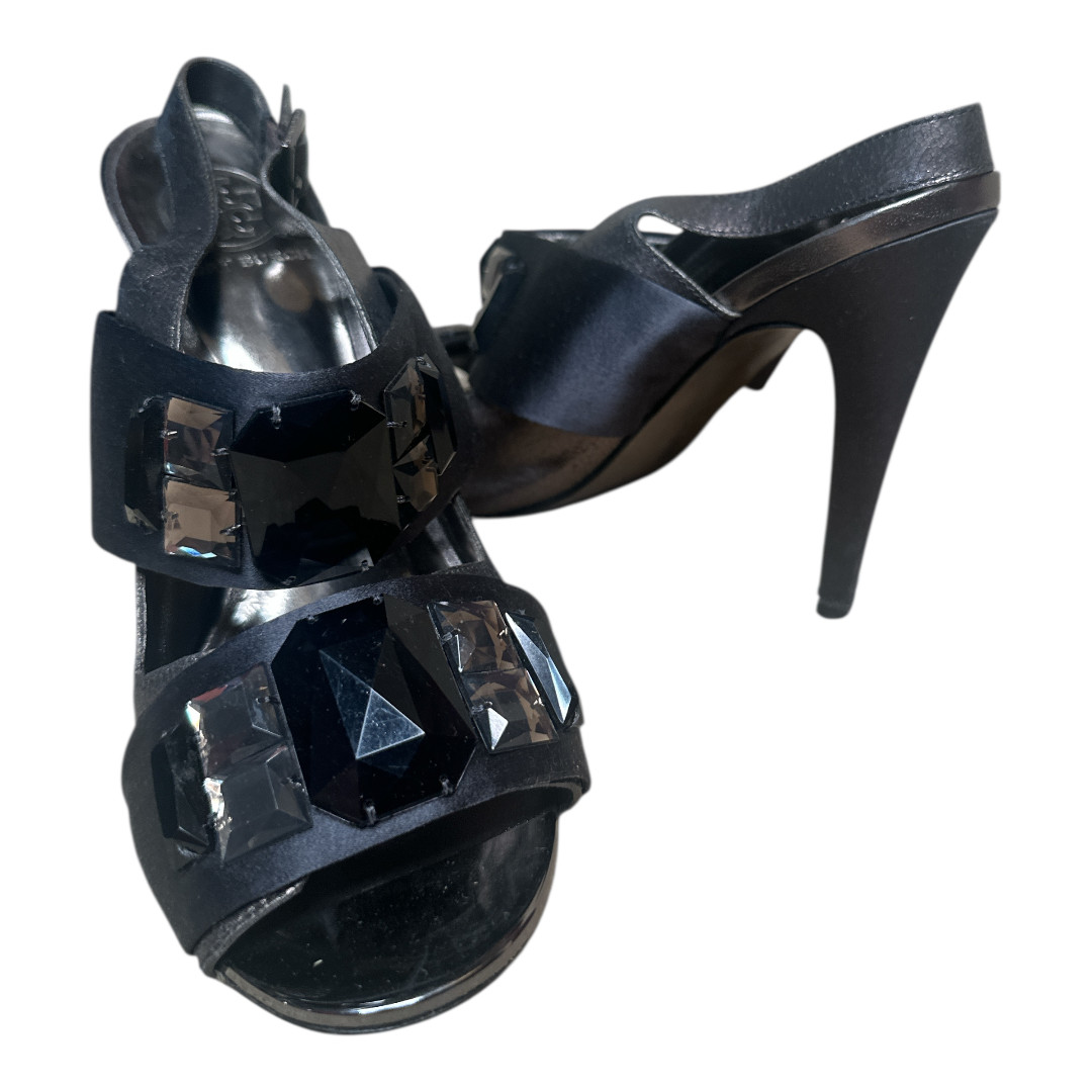 Tory Burch Dk Gray Metallic Leather Anthracite Satin Straps Heels Sandals Sz 9.5
