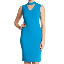 Calvin Klein Scuba Choker Sheath Dress 12 Blue Cutout Cocktail Event V-Neck New