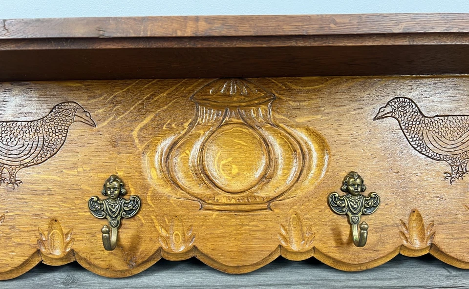 French Vintage Coat Rack Oak 4 Hooks Ornate Wall Shelf Carved Coat LOT 4444 - Image 4 of 4