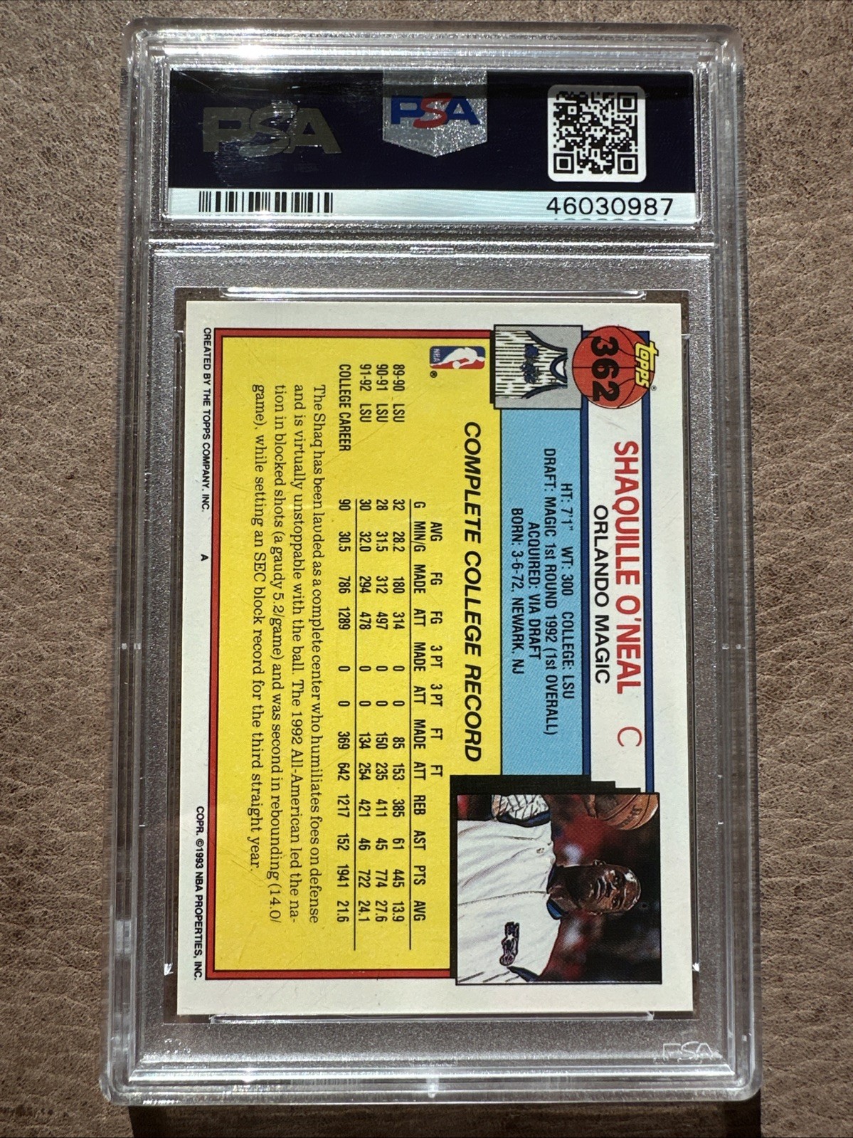 1992 Topps #362 Shaquille O'Neal RC PSA 10 view 2