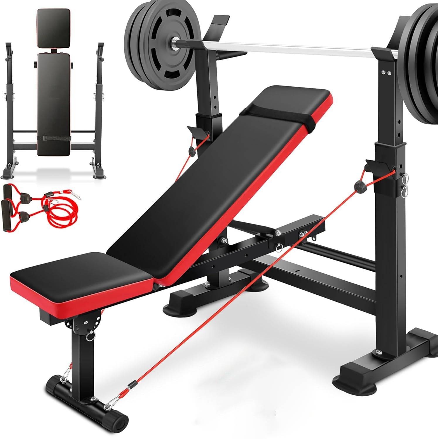 ⭐Adjustable Weight Bench Workout Bench for Home Gym with Squat Rack & Pull Rope⭐
