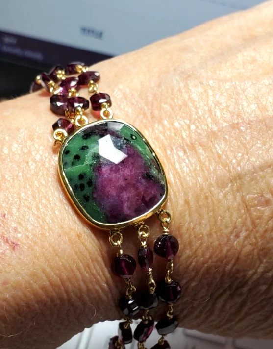 Sterling Silver Genuine Raw Ruby & Rubies 3 Row Beaded Bracelet 7-8.5" - Image 2 of 4