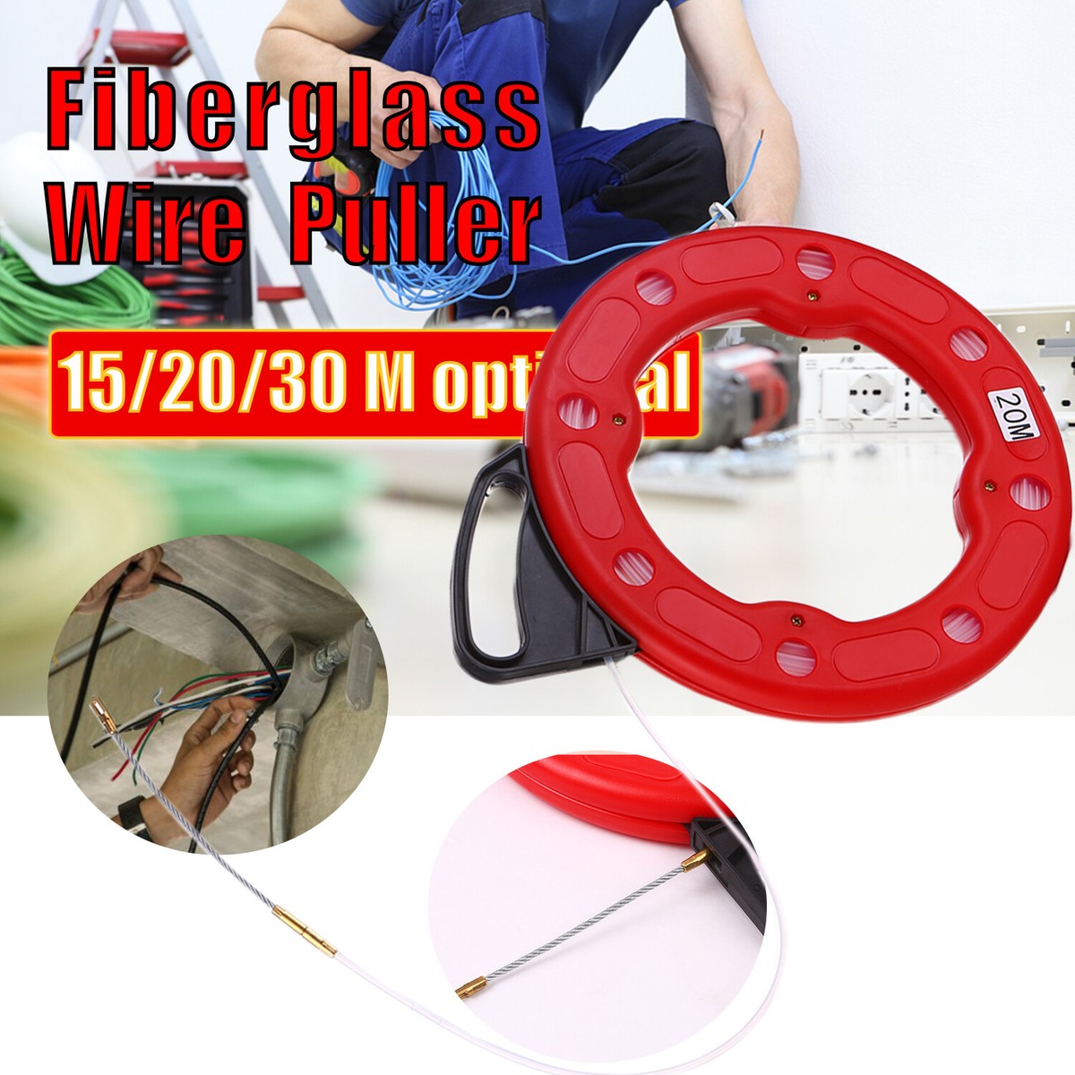 20m Fiberglass Fish Tape Reel Puller Conductive Electrical Wire