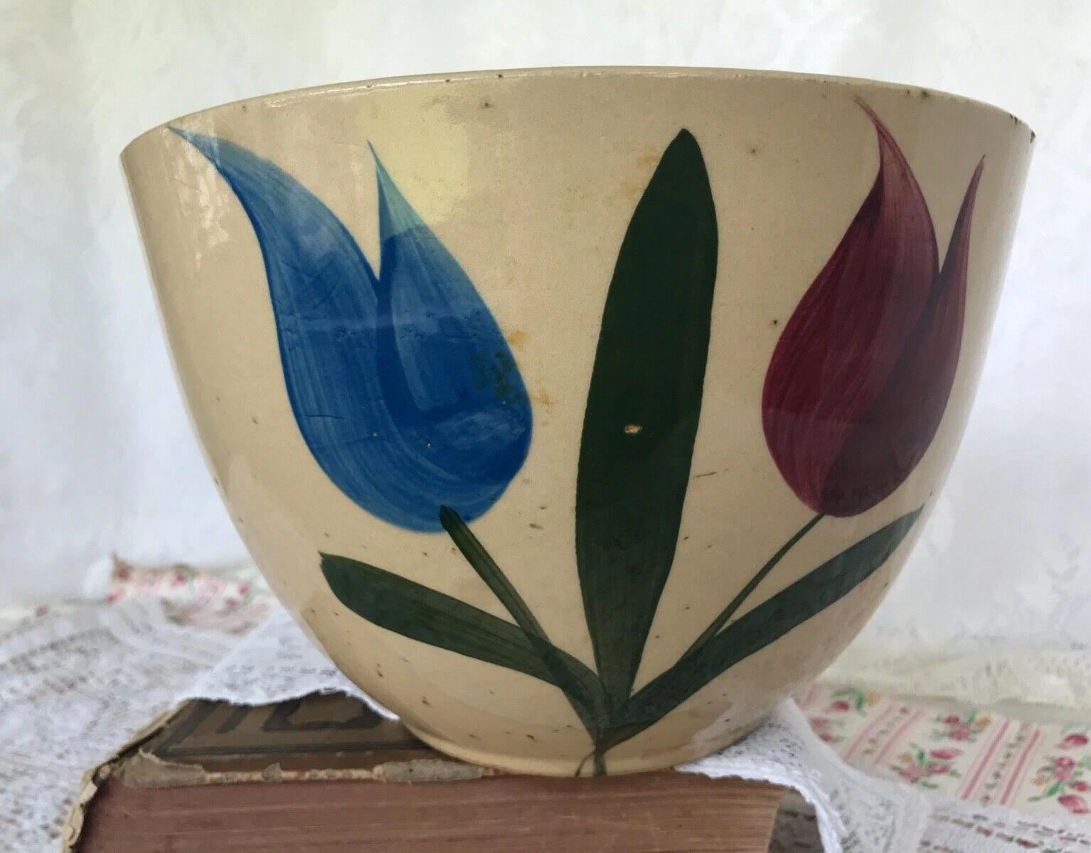 Vintage Mixing Bowl Ovenware Ceramic Tulips Patina Prim Farmhouse Decor