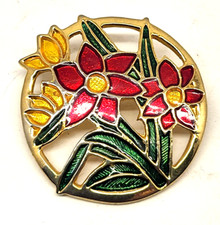 1 5/8" Round Floral Metal Brooch Pin Enameled Flower Gold-Tone Red Yellow Green