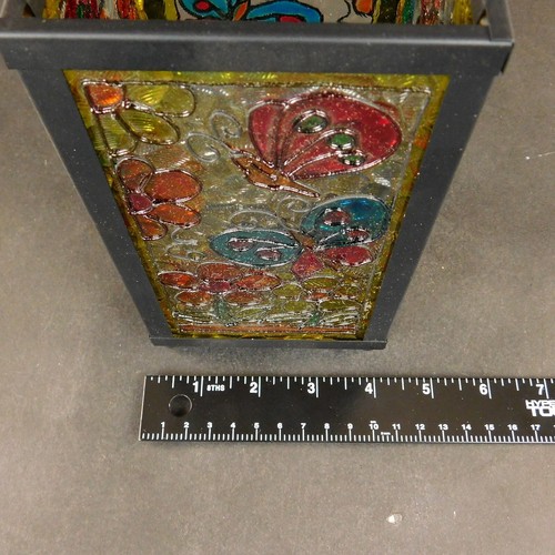 Vintage Shadow Box Candle Holder w/Taper Spiral Candle Metal w/Stained Glass - Picture 6 of 12