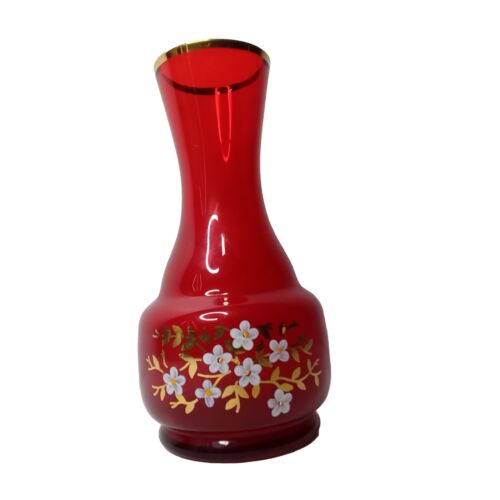 BOHEMIA GLAM vintage vase ruby red glass floral gold trim Czechoslovakia  - Picture 1 of 7
