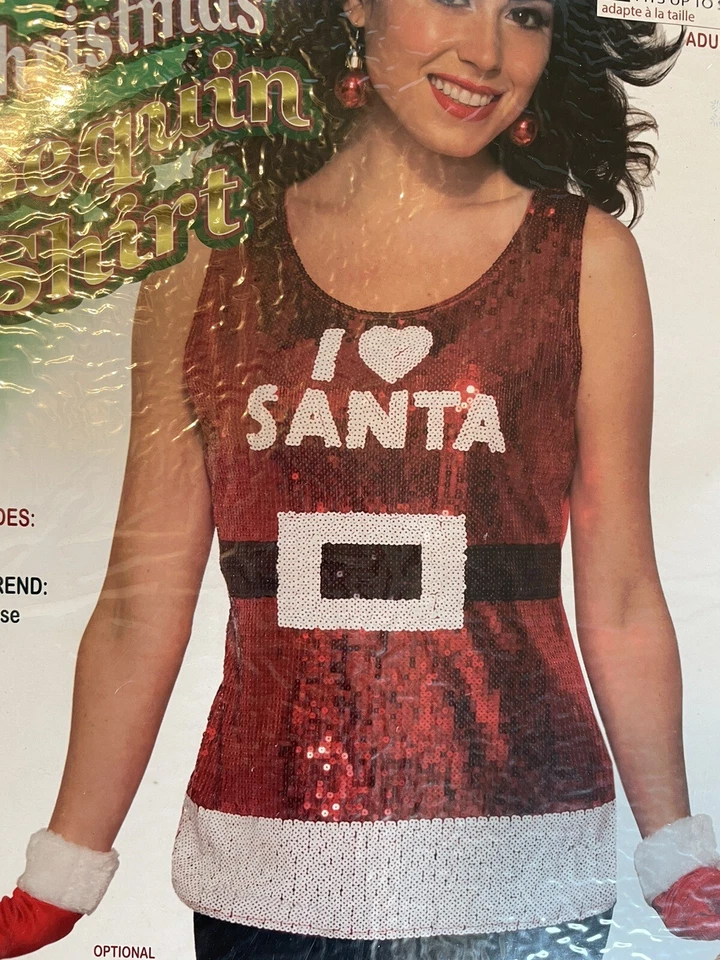全新 女式 M/L 圣诞背心亮片衬衫“我爱圣诞老人”服装 圣诞老人女士 — 第 4/4 张图片