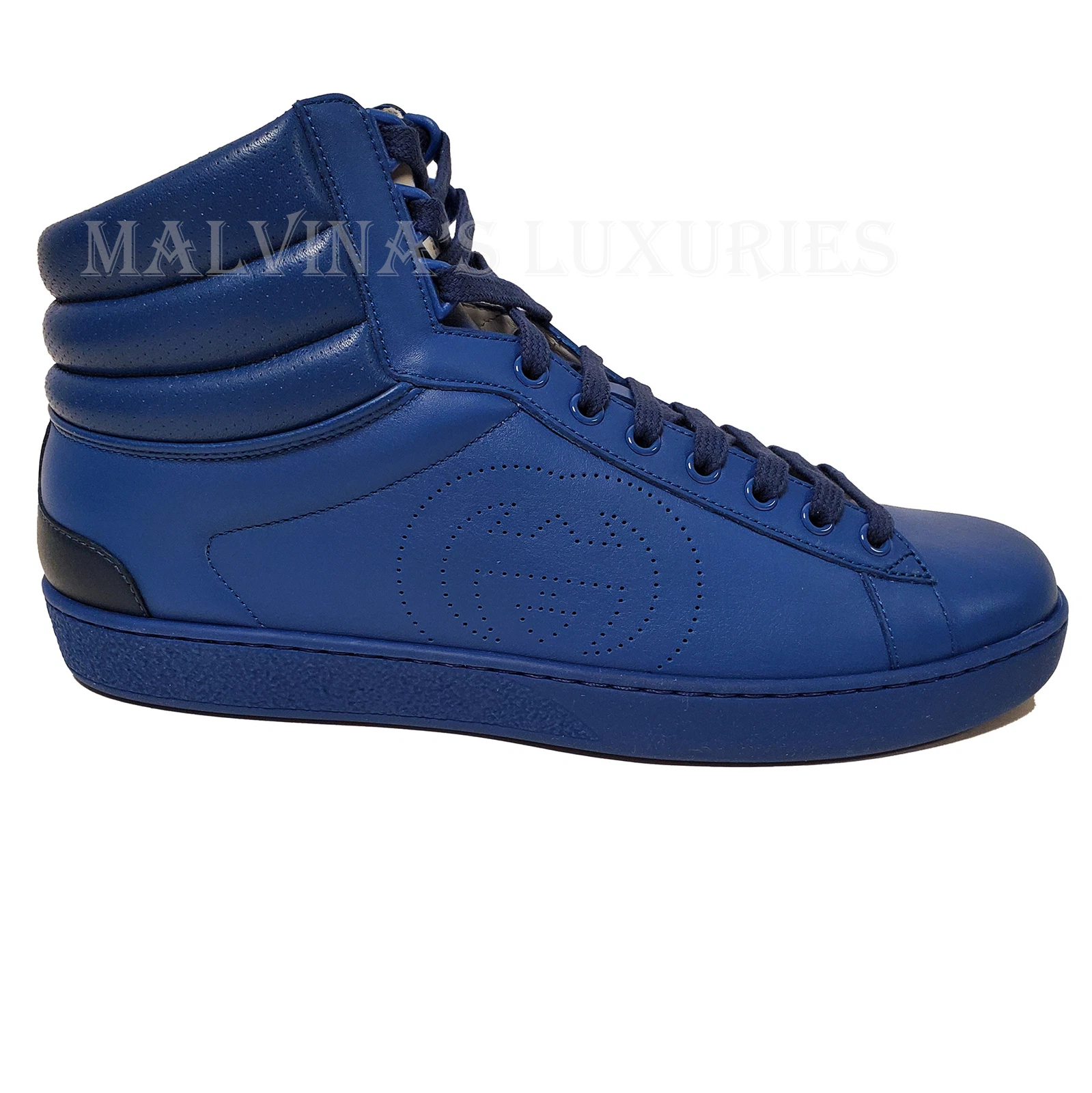 BASKETS GUCCI HOMME ACE HAUT CUIR BLEU LOGO PERFORÉ CHAUSSURES 8,5 G 9