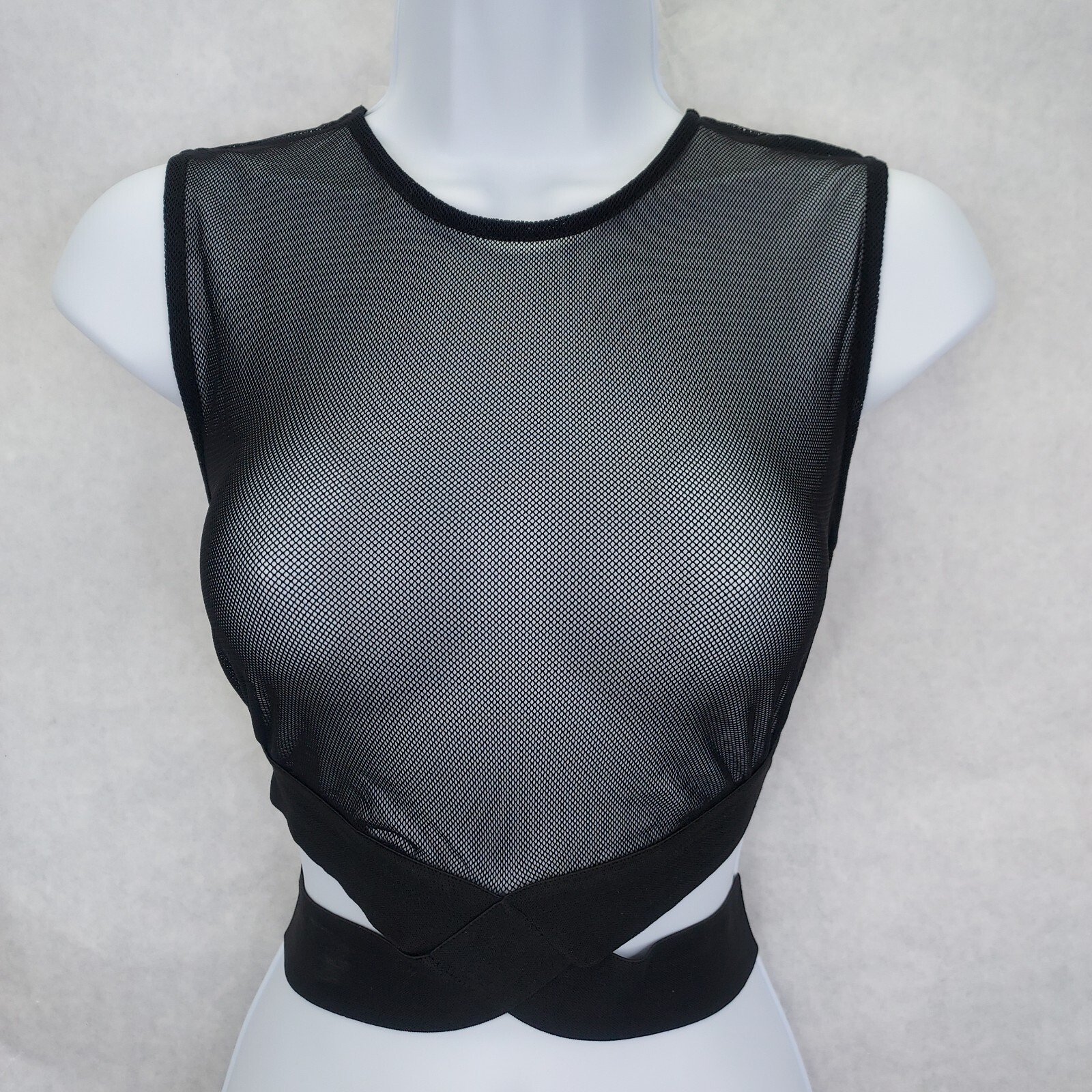 Windsor Crop Top Large Sheer Black Mesh Wide Cross Body Straps Zip Back Goth NEW-image