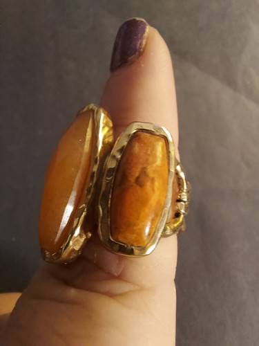 SZ 8* BARSE SPONGE CORAL,AGATE,JASPER BRONZE TRIPLE STONE STATEMENT RING - Picture 4 of 6