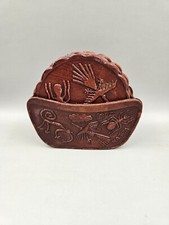 Leather Beverage Drink Coaster Set Nasca Peruvian Hand Tooled Set of 6 w/Caddy