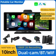 10" Portable Wireless Carplay Touchscreen Car Stereo Bluetooth FM Radio Dash Cam