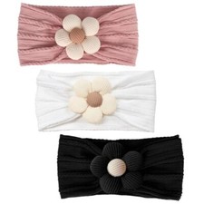 3 Pcs Baby Flower Headbands Baby Girls Nylon Headbands Soft White Black Pink
