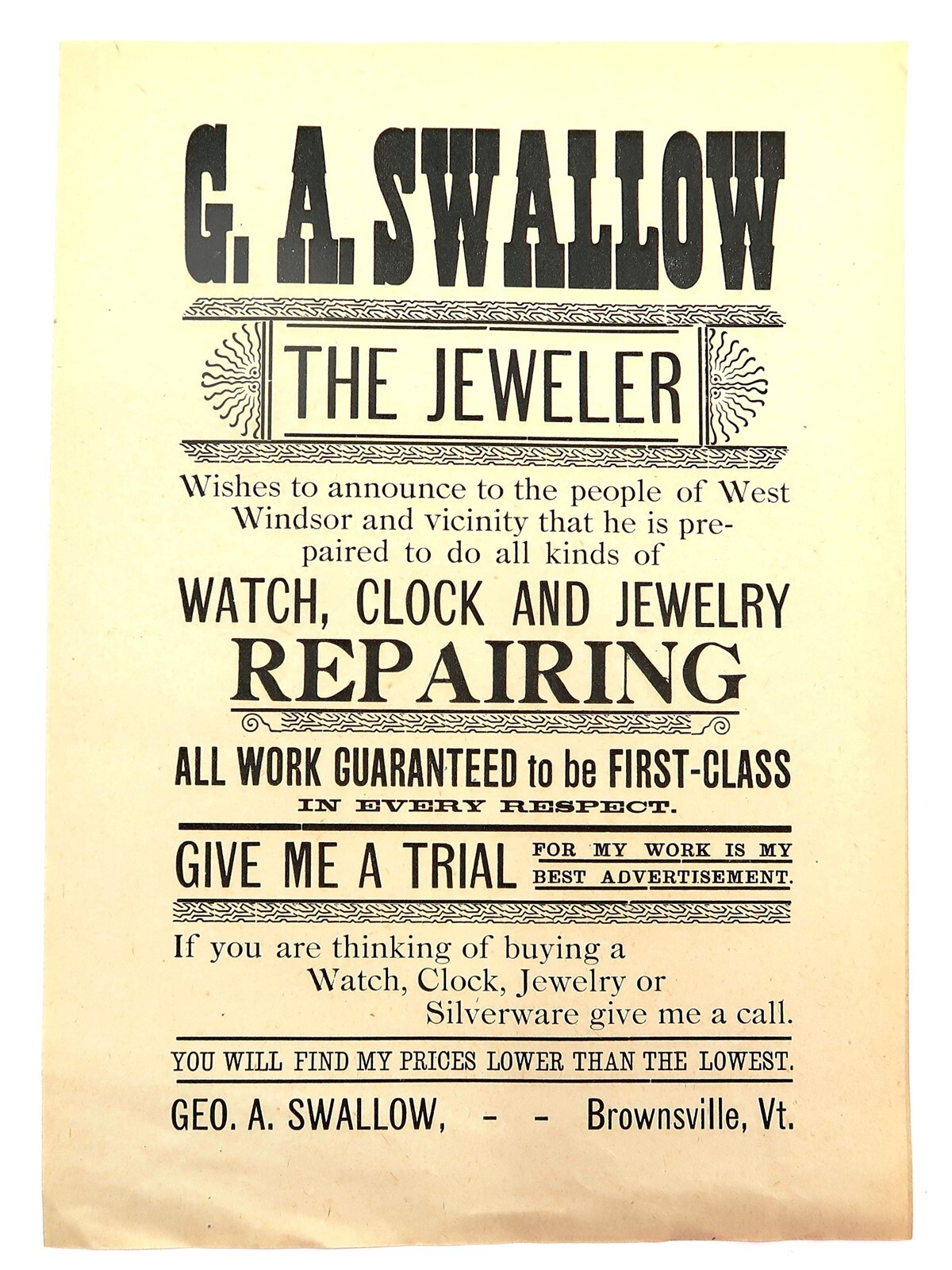 Antique WATCH CLOCK AND JEWELRY REPAIR Advertising Flyer G A Swallow Jeweler n2