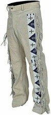 Men's Native American Buckskin/Deerskin Suede Leather Pant Fringes Beaded Pant