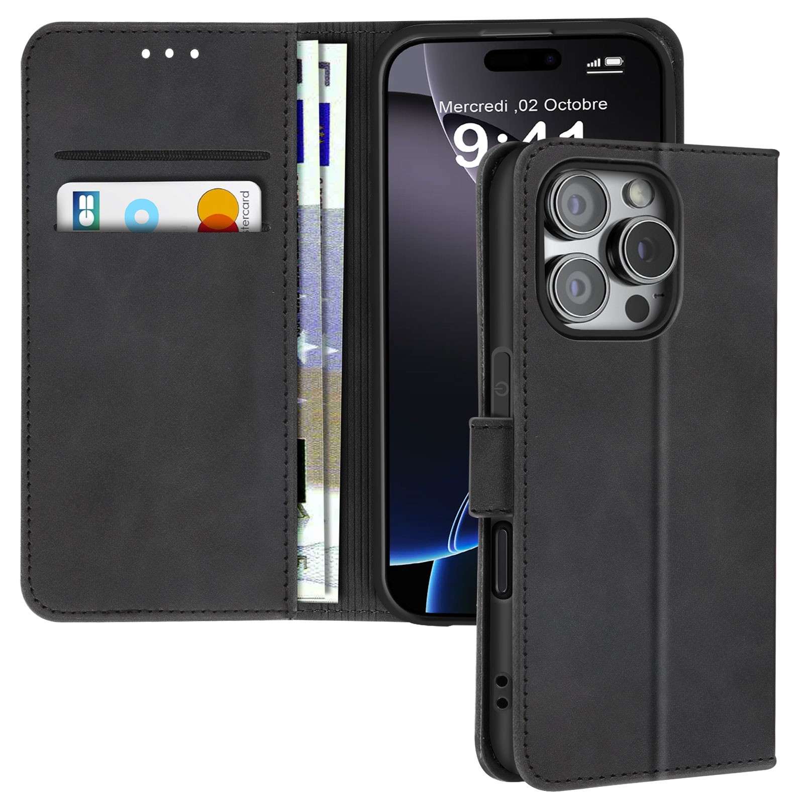 Coque iPhone 16 Pro Max Avizar à clapet portefeuille noir en cuir synthétique avec support