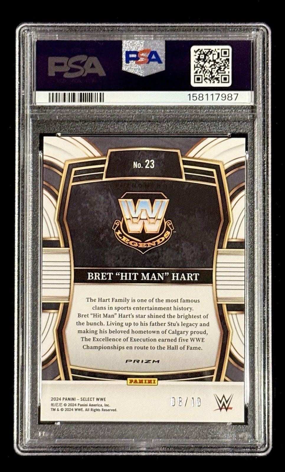 Bret "Hit Man" Hart 2024 Select WWE Phenomenon Gold Prizm #’d/10 PSA 9 MINT view 2