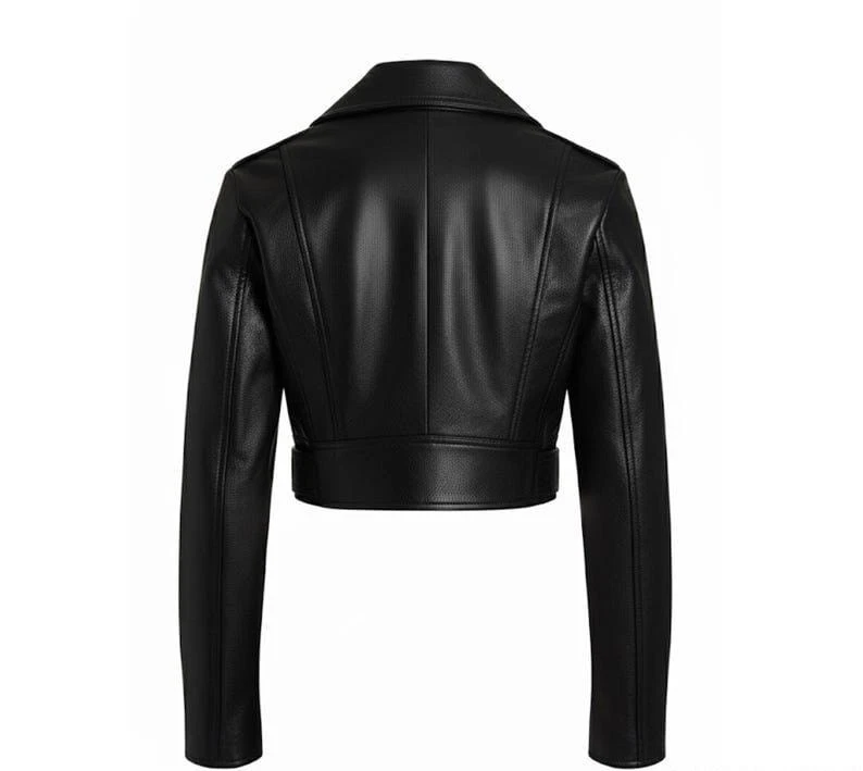 Black Leather Motorcycle Jacket For Women With Gold Zipper - Image 2 of 3