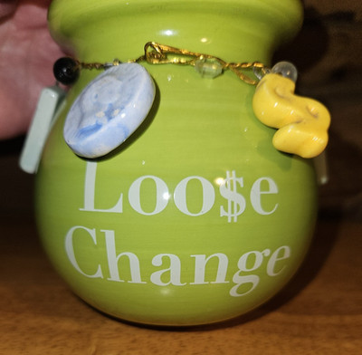 ''Loose Change'' Lime Green Lidded Round 4.5'' Jar with Ceramic Money Tokens