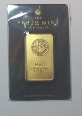 #ad 1 OZ. GOLD BAR. PERTH MINT. FINISHED IN .999 FINE 24 KARET GOLD. SERIAL C008523 AU $199.00