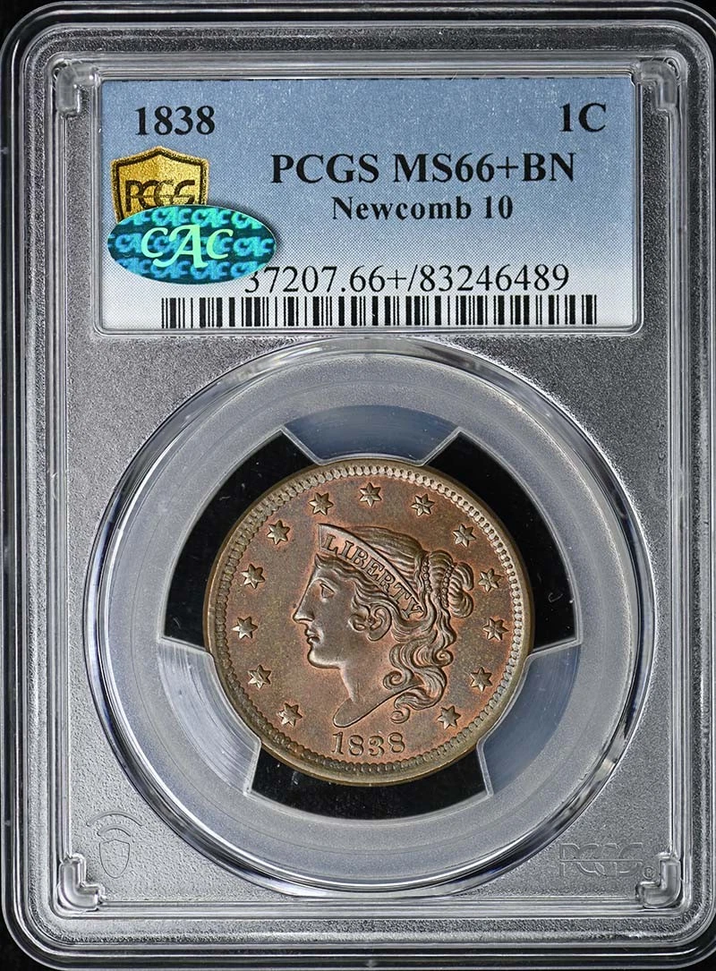 1838 1C Newcomb 10 Coronet Head Cent PCGS MS66+BN (CAC)