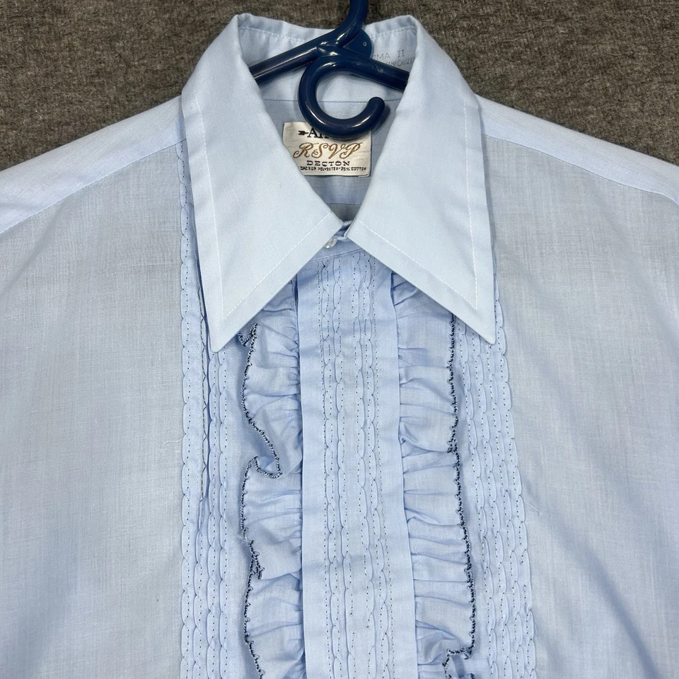 Vintage 70s Arrow RSVP Shirt Mens M 15-32 Blue Tuxedo Ruffle dagger French Cuffs - Image 3 of 4
