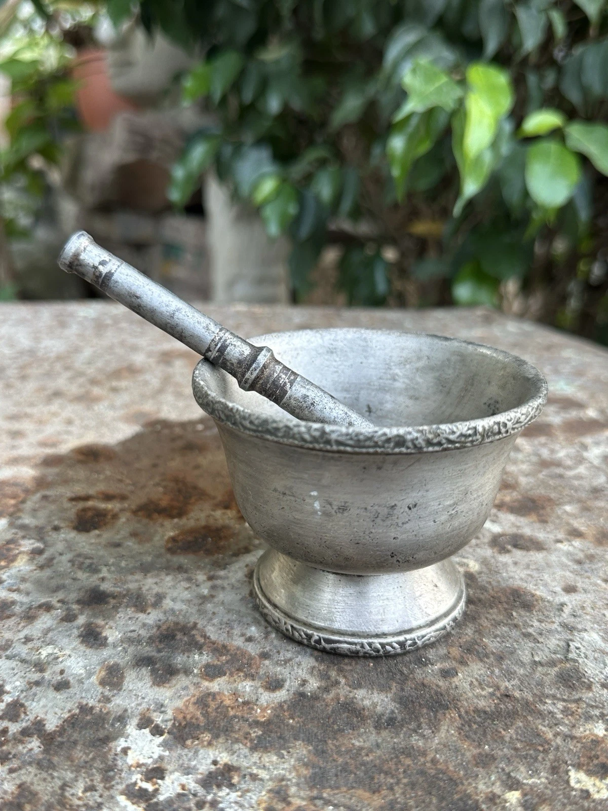 Ancient Old Copper Silver Plated Spices Grinder Mortar Pestle 1890