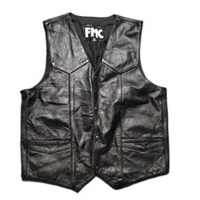 FMC Mens Size 42 Black Leather Motorcycle Biker Vest Snap Front Riding Club EUC