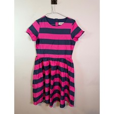 Lands End Girls Dress Striped Cotton Pink Navy 14
