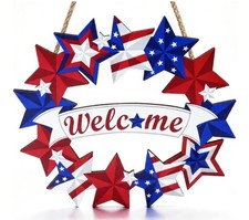 4Th of July Door Wreath, Wooden Patriotic Decorations for Front Door Red White B