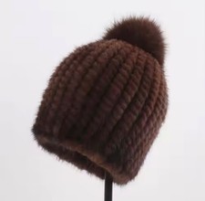Women Real Mink Fur Hat Hand Knitted Winter Beanie Genuine Mink Cap Fox Fur Pom