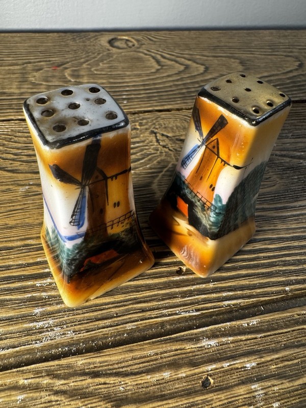 Vintage Made in Japan Windmill Salt Pepper Shakers Hand Painted Ceramic Pair